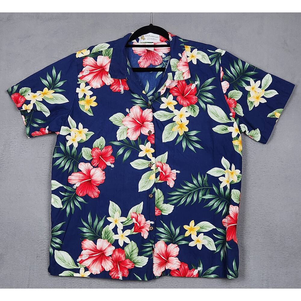 VINTAGE ALOHAWEARS Hawaiian Shirt Mens 2X Blue Floral Button Up Vacation Beach